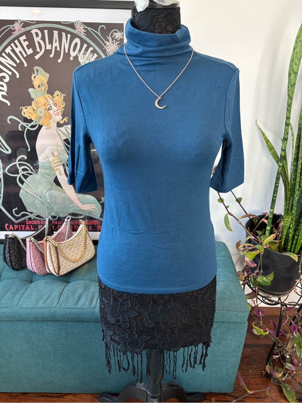 Banana Republic Teal Short-Sleeve Turtleneck Top